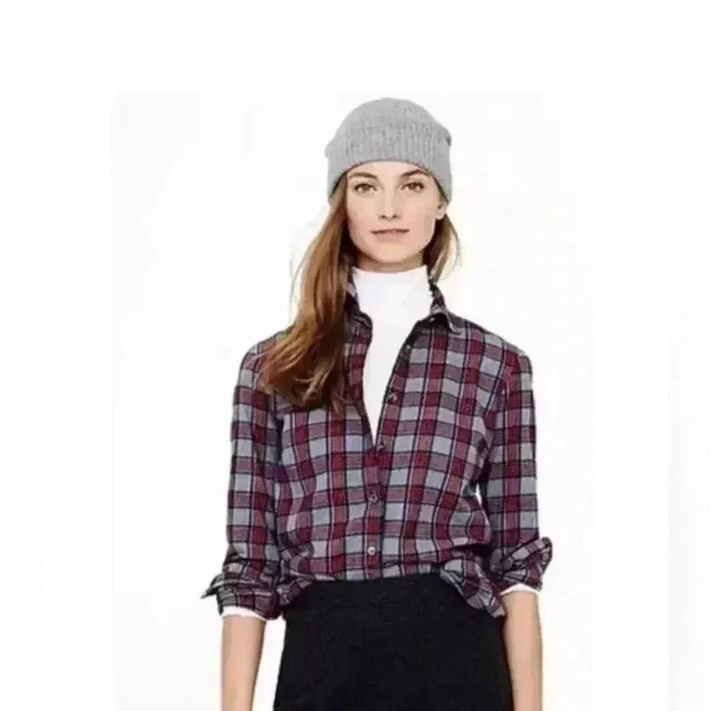 J. Crew Women’s 2 Boy-Fit Gray Tartan Plaid Button-Down Flannel Shirt - EUC!